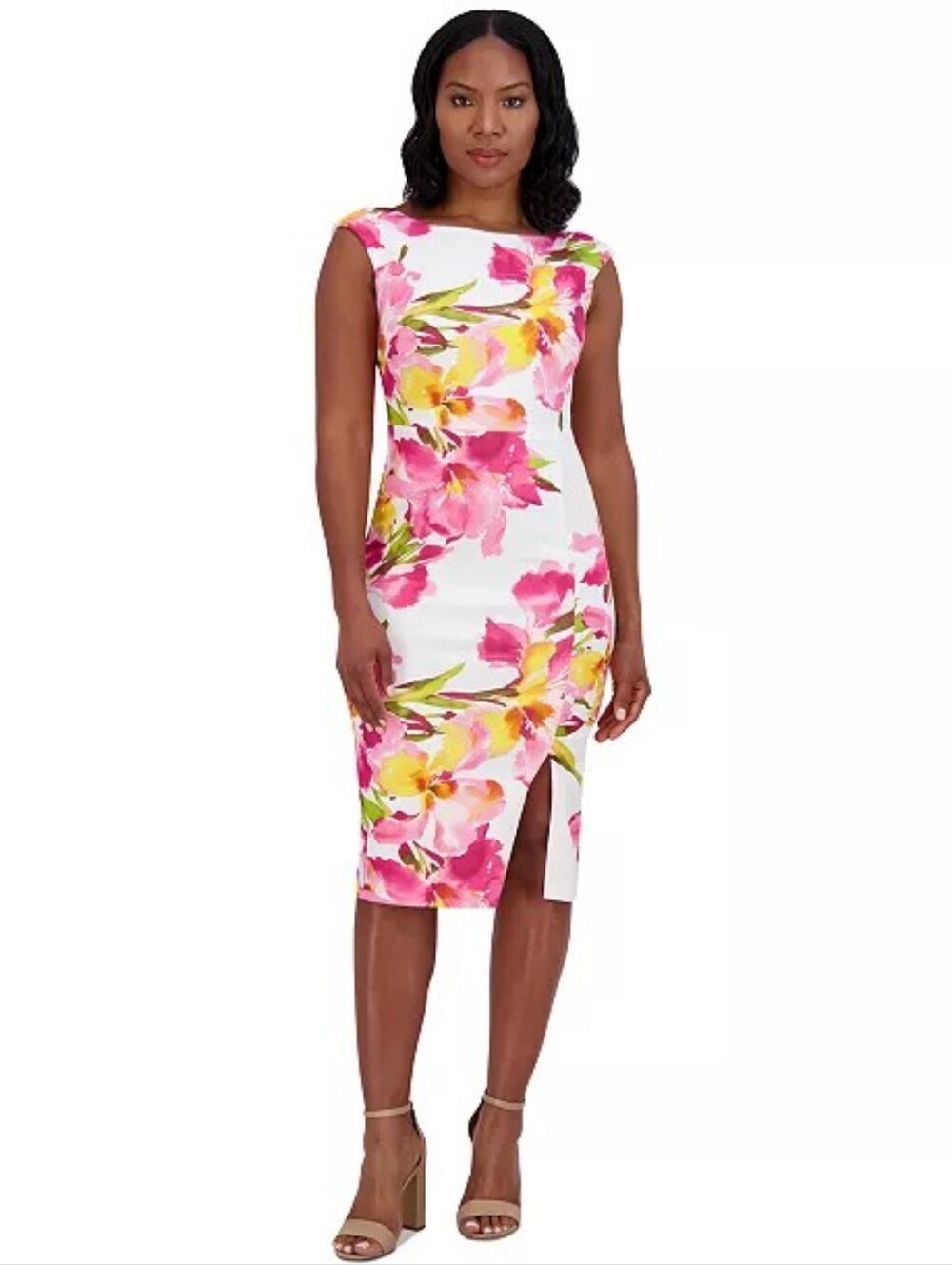 Eliza J NWT Floral Print Sleeveless Sheath Dress Size 14 White Pink Yellow - Picture 3 of 7